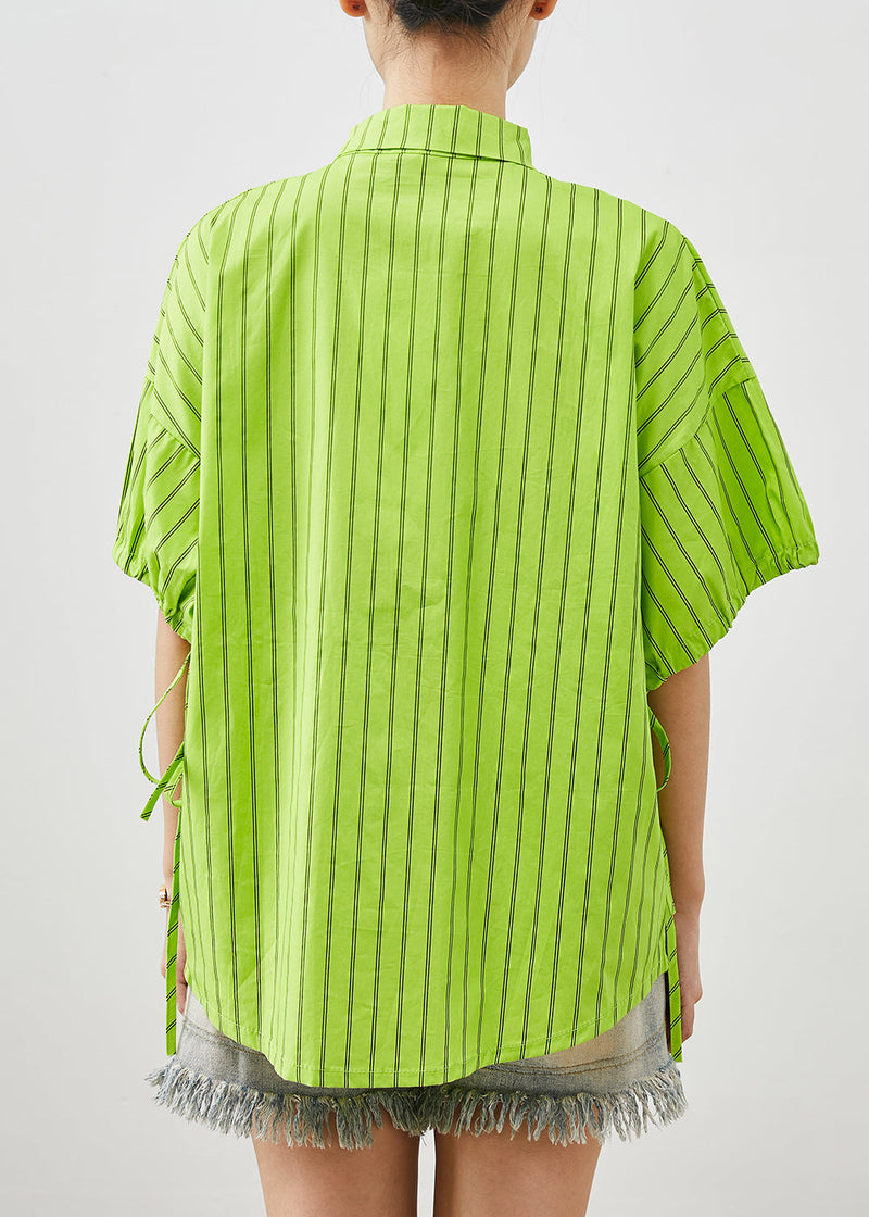 Grass Green Striped Cotton Shirt Tops Summer
