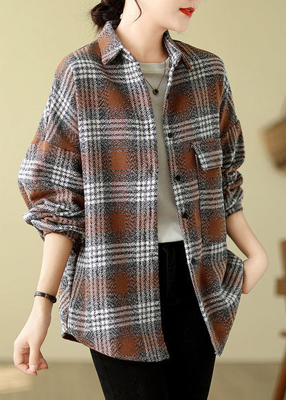 Orange Plaid Peter Pan Collar Woolen Shirts Tops Fall