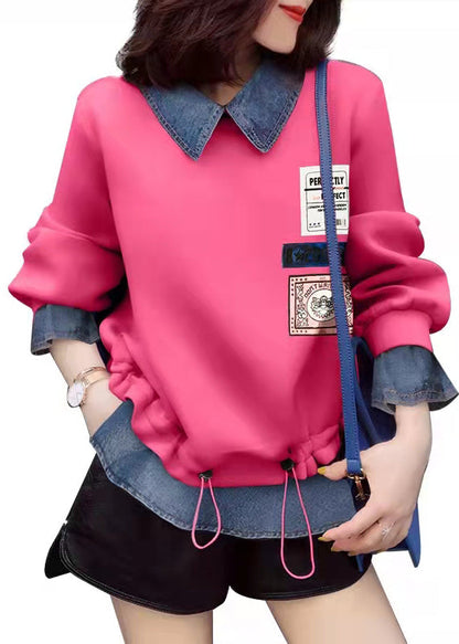 Pink Drawstring Peter Pan Collar Denim Patchwork Sweatshirts Top Spring