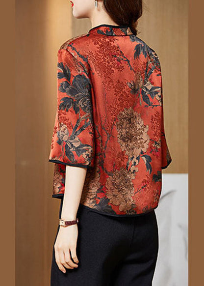 White Geometry Mandarin Collar Print Silk Shirt Tops Half Sleeve