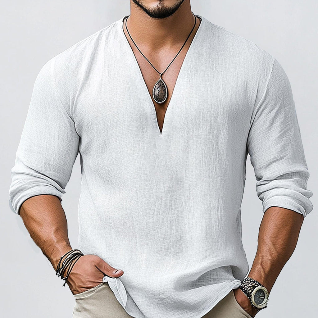 Men's Solid Color V Neck Casual Linen Shirt artswardrobe