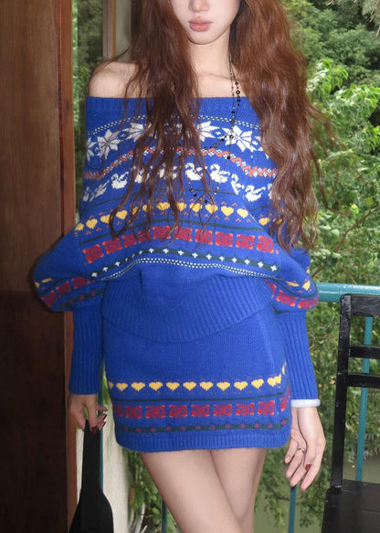 Novelty Blue Slash Neck Print Cotton Knit Sweater and Skirts Two Pieces Set Fall