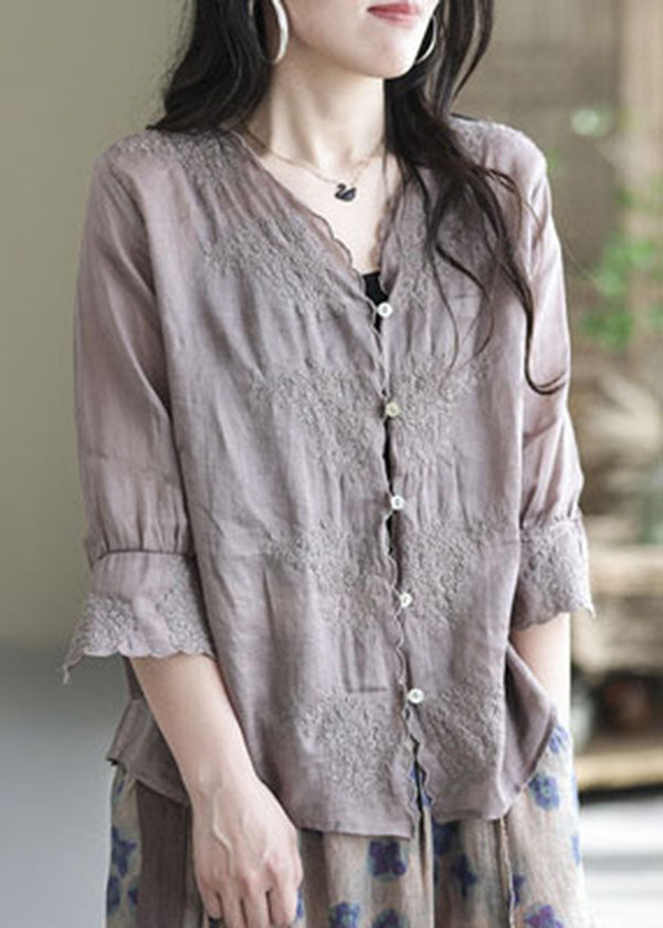 Purple V Neck Button Linen Shirt Half Sleeve