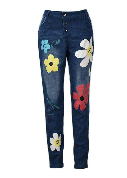 Flower Print Button Denim Long Jeans for