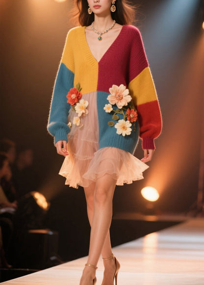 Colorblock V Neck Knit Sweater Dress Fall