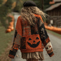 Vintage Patchwork Halloween Pumpkin Face Artcozy Knit Cardigan elevenforest