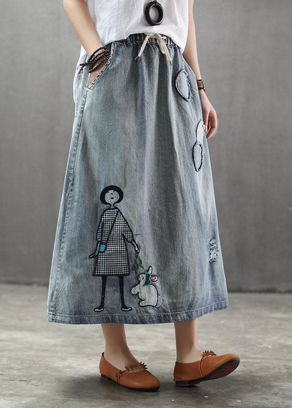 Light Blue Elastic Waist Patchwork Cartoon Embroideried Tulle Denim Skirts Spring
