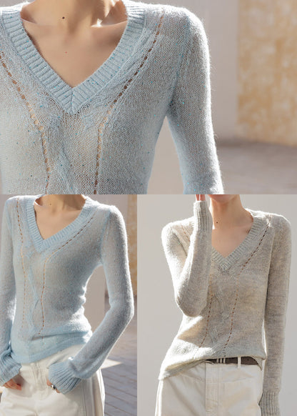 Grey V Neck Hollow Out Knit Top Spring