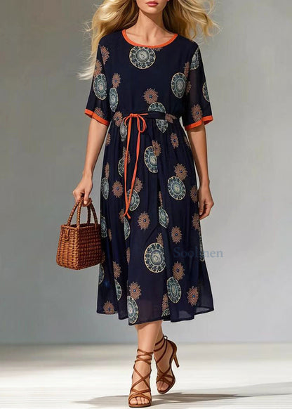 Black Cinched Print Chiffon Long Dress Summer