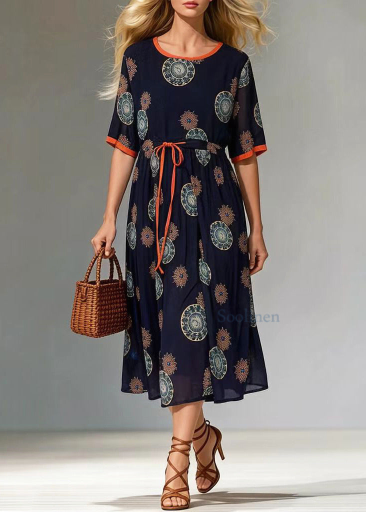 Black Cinched Print Chiffon Long Dress Summer