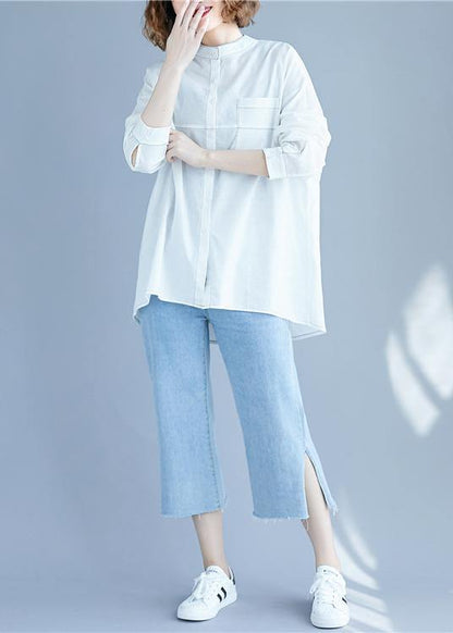 White Low High Design Long Sleeve Blouses