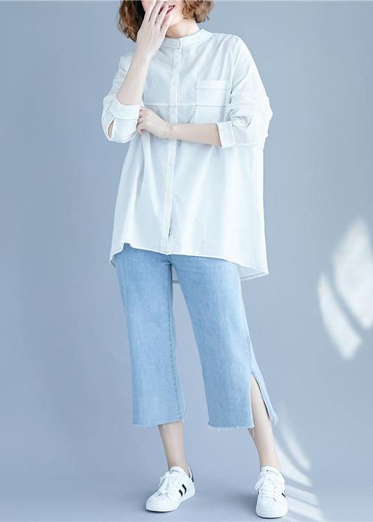 White Low High Design Long Sleeve Blouses
