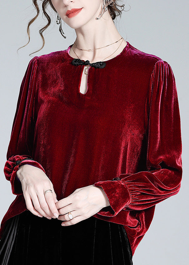 Natural Mulberry O-neck Button Velour Top Spring