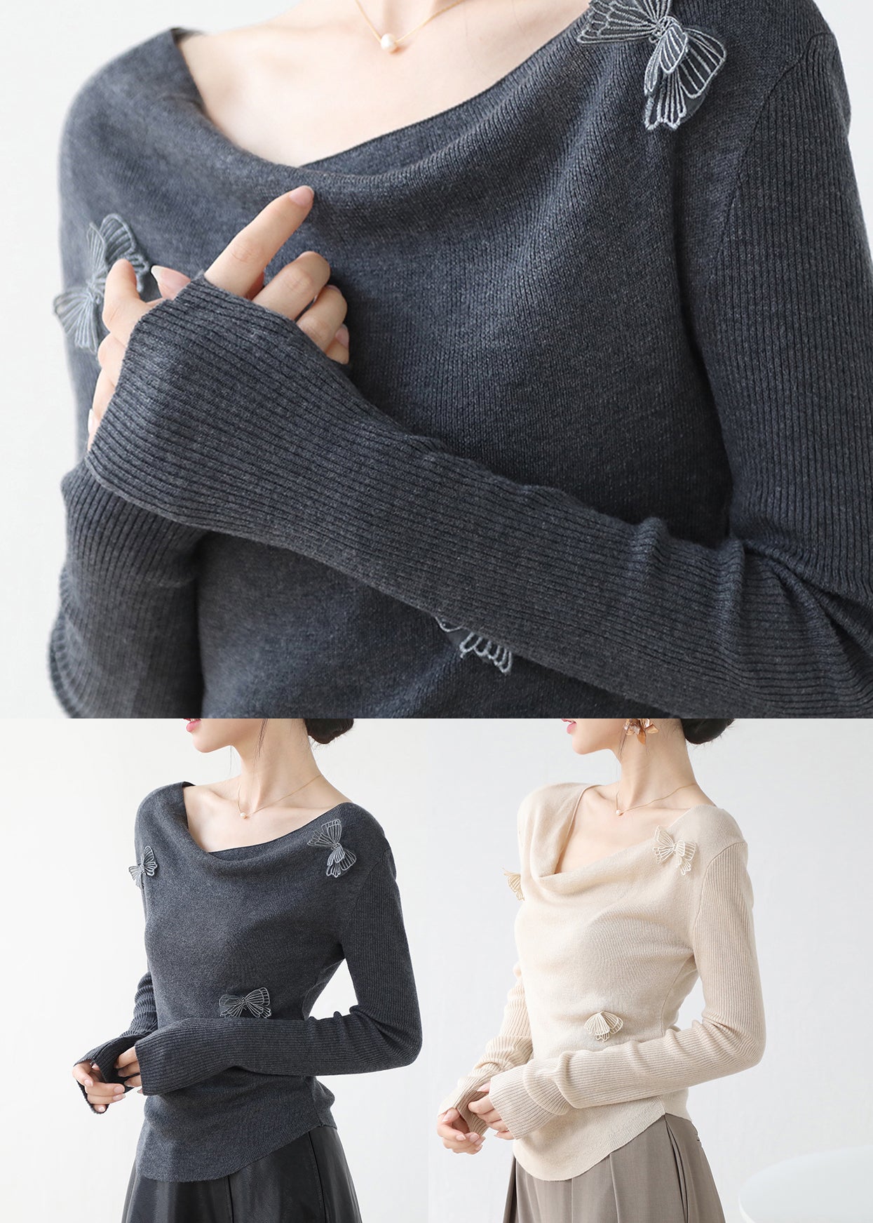 Original Design Grey Slash Neck Butterfly Knit Top Spring
