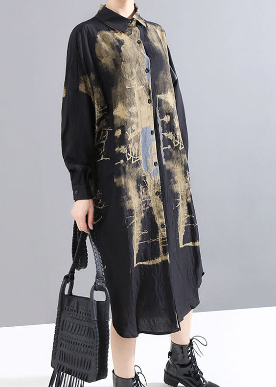 Handmade Black Low High Design Peter Pan Collar Print Shirt Dress Spring