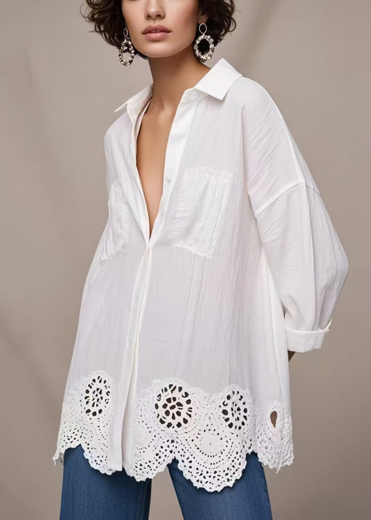 Simple White Oversized Hollow Out Cotton Shirt Top Spring