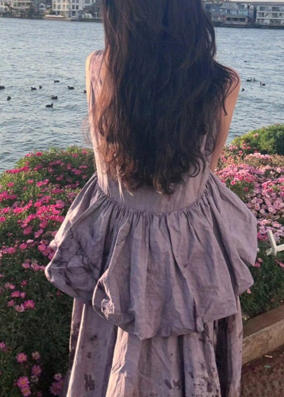 Purple O-neck Ruffled Patchwork Wrinkled Maxi Dresses Summer