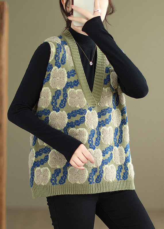 Green V Neck Patchwork Cozy Knit Waistcoat Sleeveless
