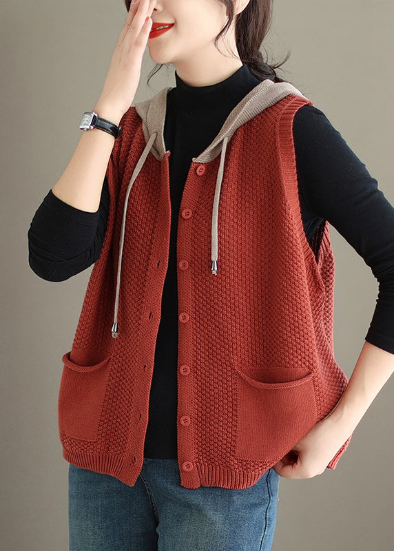 Orange Red Hooded Button Cotton Knit Waistcoat Sleeveless