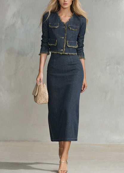 Navy V Neck Coat and Skirts Denim Two Piece Set Spring