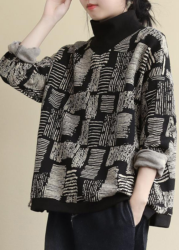 Black Turtleneck Print Patchwork Warm Fleece Tops Long Sleeve