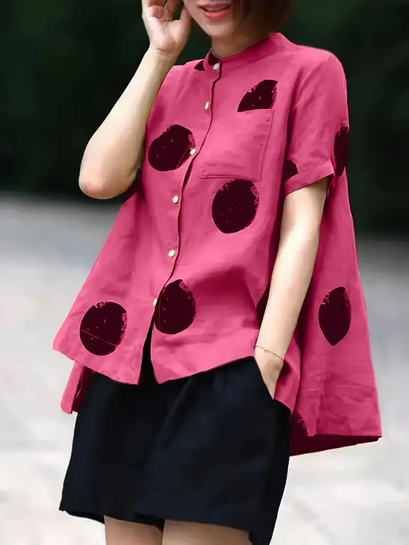 Blue Dot Print Patchwork Linen Top Button Stand Collar Summer