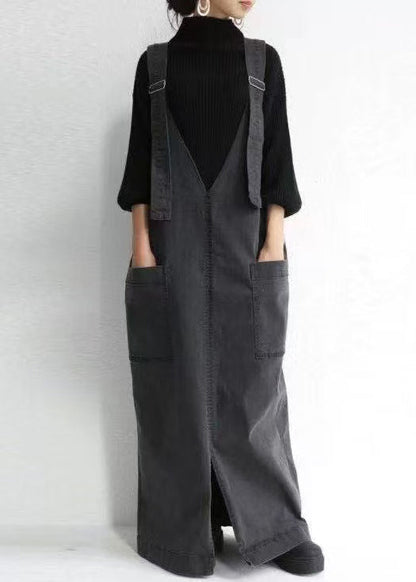 Black Oversized Pockets Cotton Maxi Dresses Summer