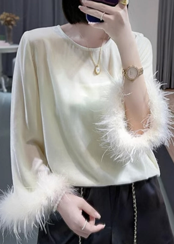 Apricot O Neck Patchwork Silk Velour Tops Long Sleeve