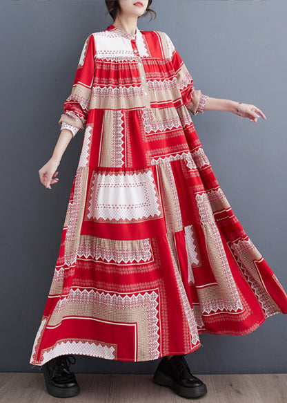 Colorblock Stand Collar Print Asymmetrical Patchwork Robe Dresses Spring