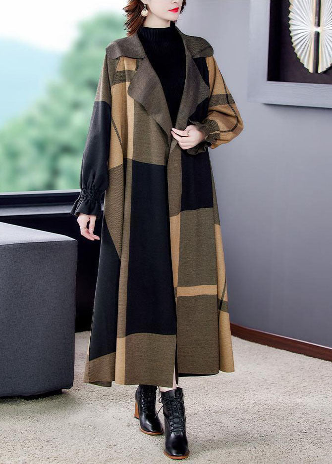 Khaki Peter Pan Collar Pockets Plaid Spandex Coat Outwear Long Sleeve