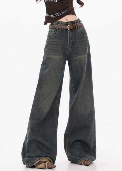 Retro Dark Blue Pockets High Waist Denim Wide Leg Pants Fall