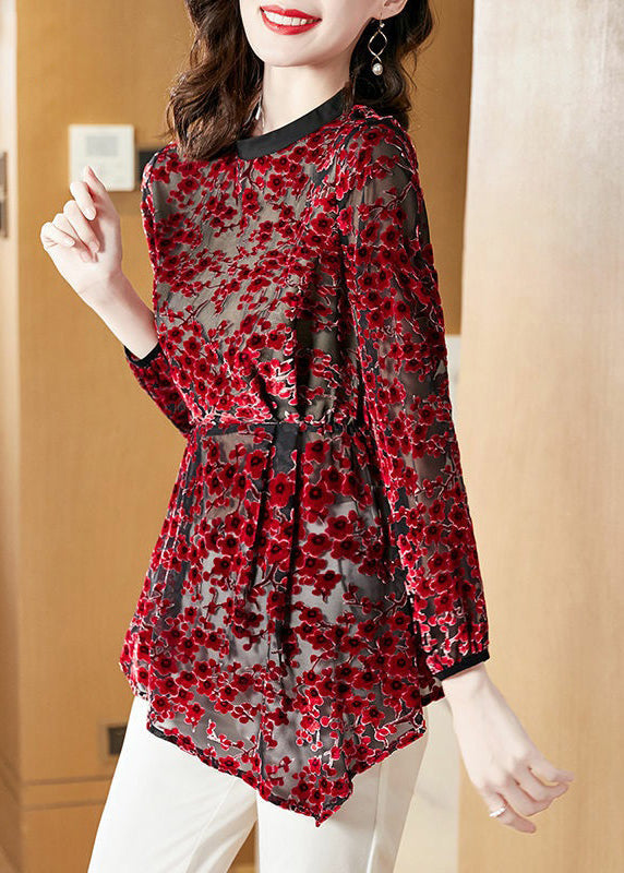 Retro Red Wrinkled Hollow Out Silk Velour Top Spring