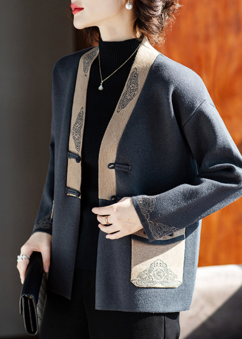 Charcoal Grey V Neck Print Pockets Woolen Coat Fall