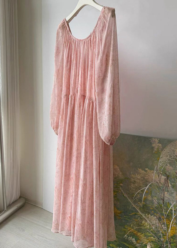 Pink Print Wrinkled Lace Up Chiffon Long Dress Fall