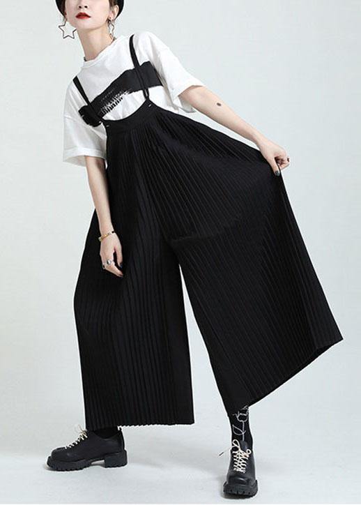 Black High Waist Wrinkled Wide Leg Summer Jumpsuit