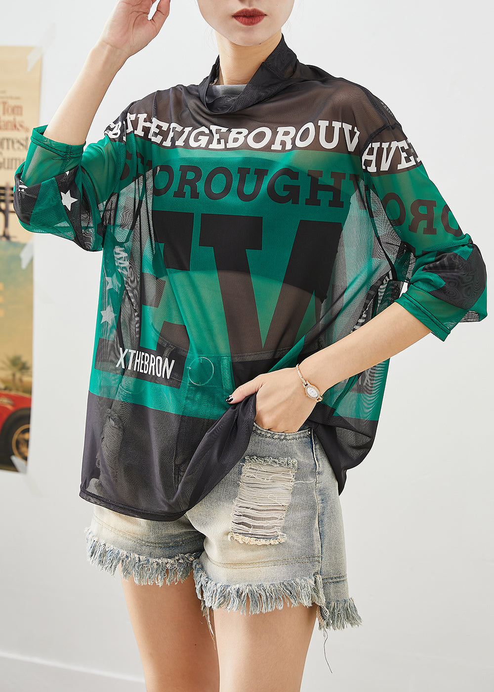 Green Turtle Neck Letter Print Tulle Tops Fall