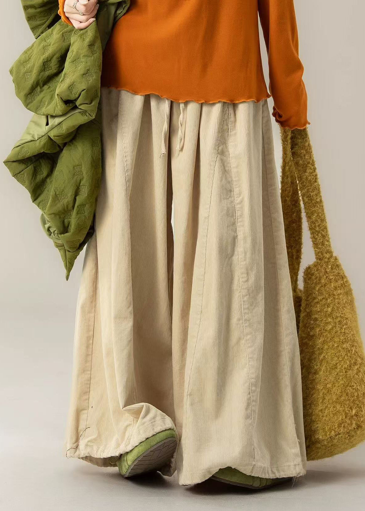 Beige Oversized Corduroy Wide Leg Pants Trousers Spring