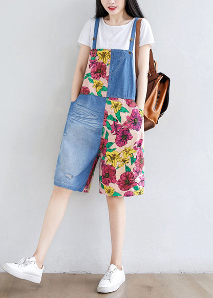 Light Blue Patchwork Print Cotton Overalls Jumpsuit Shorts Summer