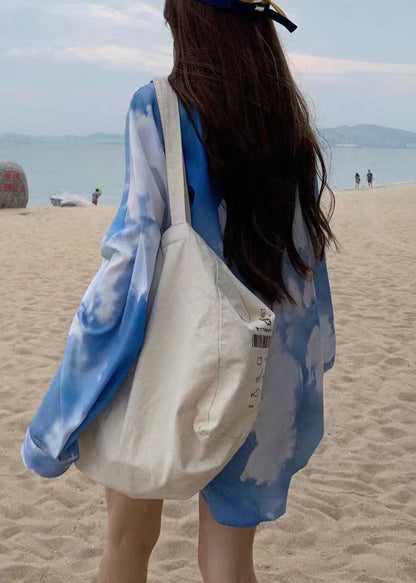 Blue Tie Dye Button Patchwork Cotton Shirt Top Fall