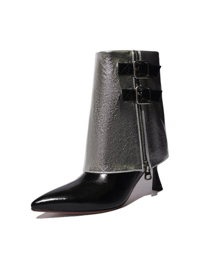 Silver Cowhide Leather Splicing Zippered Stiletto Boots