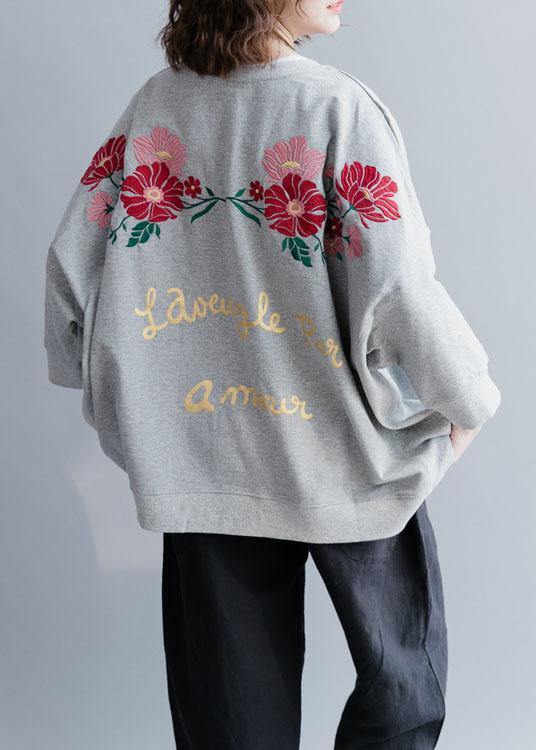 Grey Loose Batwing Sleeve Print Fall Sweatshirt Street Wear