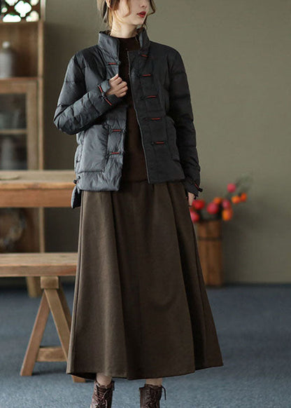 Red Stand Collar Button Pockets Low High Design Winter Down Coat