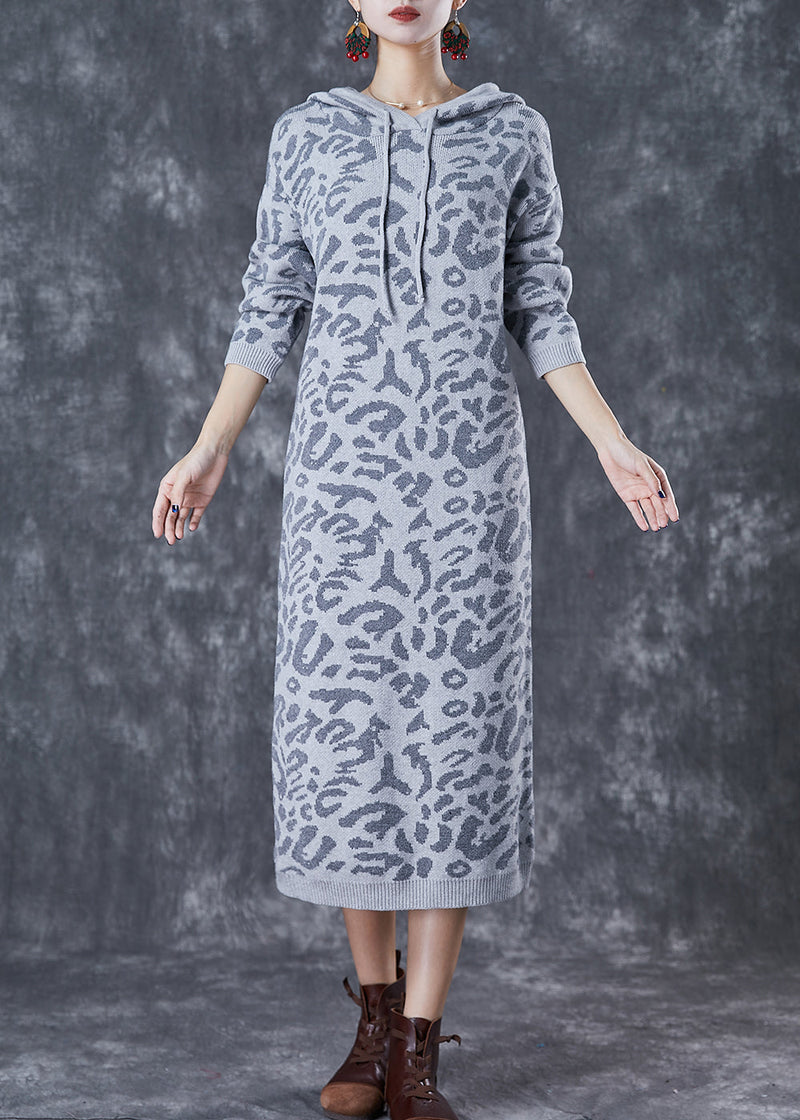 Modern Grey Hooded Leopard Print Knit Pullover Sweatshirt Dress Fall