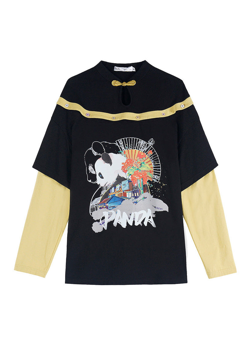 Black O-neck Print Patchwork Button Top Long Sleeve