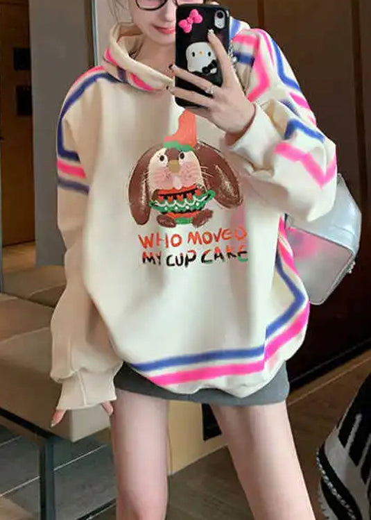 Style Apricot Hooded Cartoon Print Cotton Pullover Spring