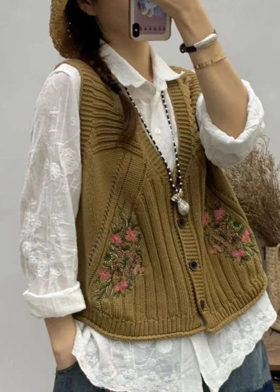 Green V Neck Embroidered Knit Vest Fall