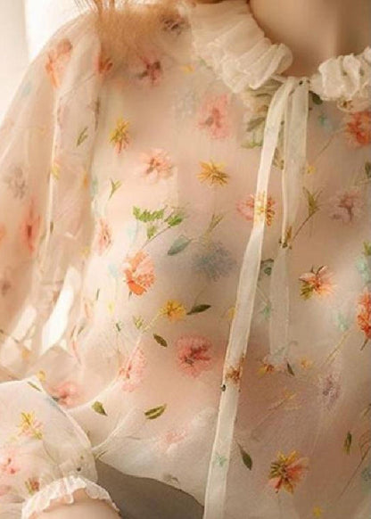 Ruffled Lace Up Print Chiffon Shirt Fall