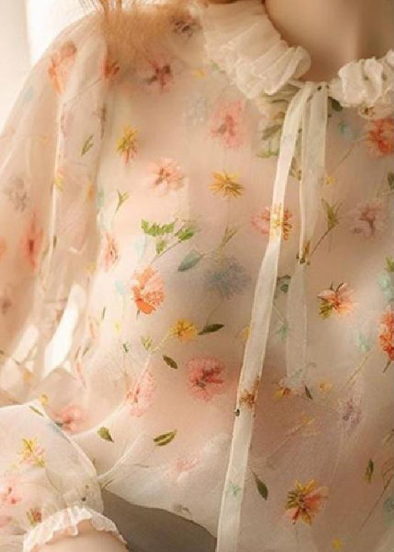 Ruffled Lace Up Print Chiffon Shirt Fall