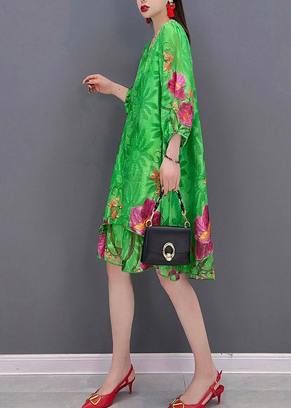 Green O Neck Print Chiffon Tops and Shorts Two Pieces Three Quarter Sleeve