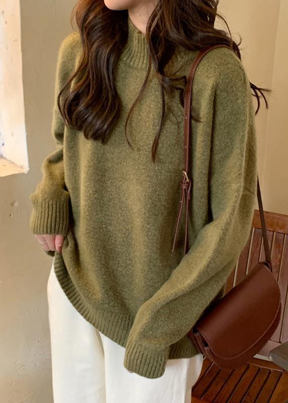 Comfy Fall Green Knit Sweat Tops High Neck Knit Blouse